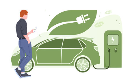 Man charging electric vehicle with phone. Vector illustrationのイラスト素材