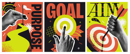 Halftone Poster Set. Flyers with hands pointing towards targets and holding flag on top of cliff....