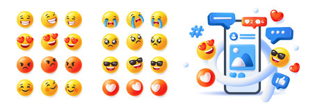 Set of 3d emoji. Funny Comic Emoticons for Social Media. Round yellow emoji expressing positive and negative emotions. Realistic cartoon vector illustration collectionのイラスト素材