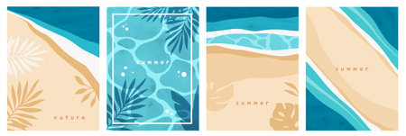 Summer Poster Set. Beautiful flyers with seascapes and top views of sea, ocean and sandy beach. Natural tropical landscape with waves. Flat vector illustration collectionのイラスト素材