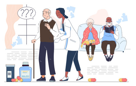Elderly dementia care and support scene. Vector illustrationのイラスト素材