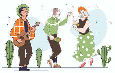 Elderly couple dancing with musician. Vector illustrationのイラスト素材
