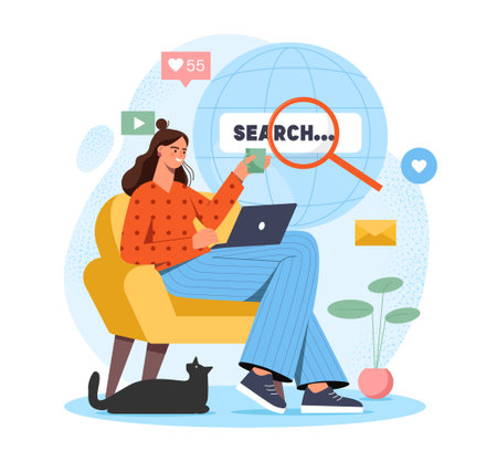 Woman searching online with laptop.. Vector illustrationのイラスト素材