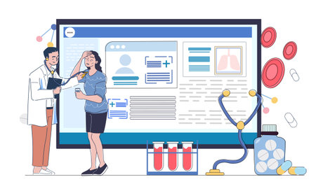 Doctor examining sick woman patient digitally. Vector illustrationのイラスト素材