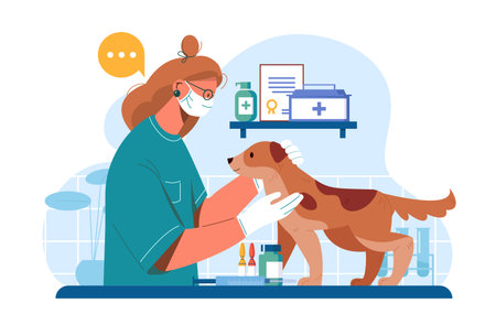 Vet examining dog in clinic room scene. Vector illustrationのイラスト素材