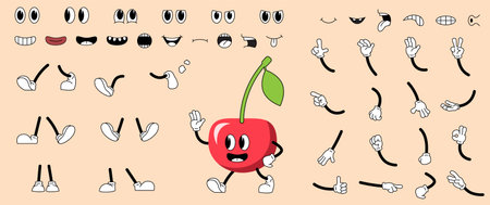 Vintage Cartoon Mascot Set. Retro cherry character with different facial expressions, arms, legs, eyes and emotions. Design for animation. Flat vector illustration collectionのイラスト素材