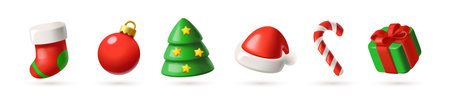 3D Merry Christmas Icons Set. Holiday decorations with sock, toy, Christmas tree, Santa hat, gift and candy cane. Celebrating New Year. Realistic vector illustration collectionのイラスト素材
