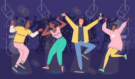 Group of friends dancing at nightclub. Vector illustrationのイラスト素材