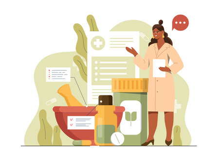 Female pharmacist with herbal medicine chart. Vector illustrationのイラスト素材