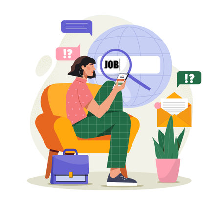 Woman searching for job online. Vector illustrationのイラスト素材