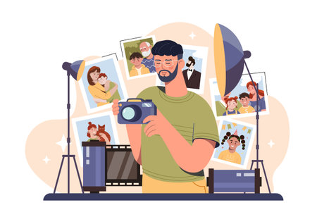 Photographer with camera in studio setup. Vector illustration