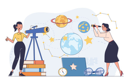 Women observing space with telescopes. Vector illustration