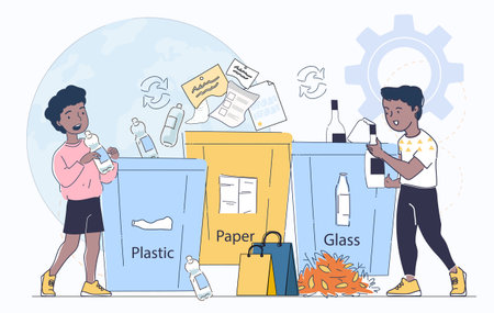 Kids sorting recycling waste bins outdoors. Vector illustrationのイラスト素材