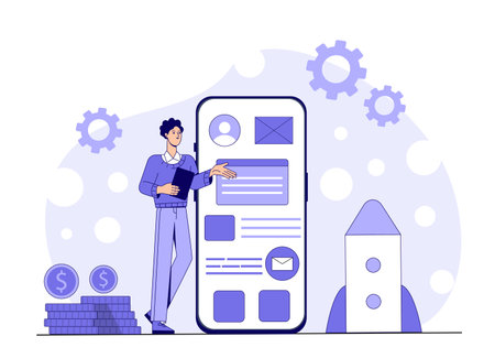 Mobile app development concept scene. Vector illustrationのイラスト素材