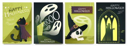 Halloween spooky poster collection set. Vector illustrationのイラスト素材