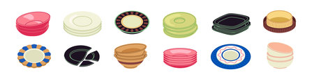 Colorful dishware set in various styles. Vector illustrationのイラスト素材