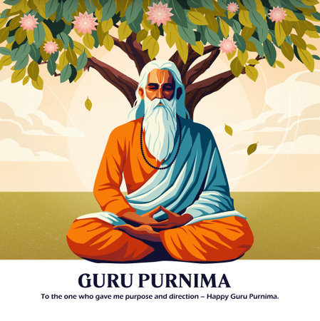Guru meditating under tree on Guru Purnima. Vector illustrationのイラスト素材