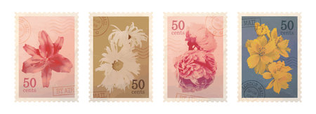 Vintage floral postage stamps set. Vector illustrationのイラスト素材