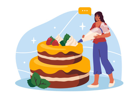Woman decorating large cake illustration. Vector illustration