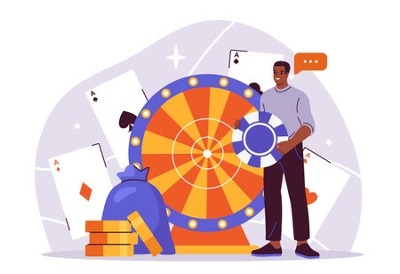 Casino wheel and man with poker chip. Vector illustrationのイラスト素材