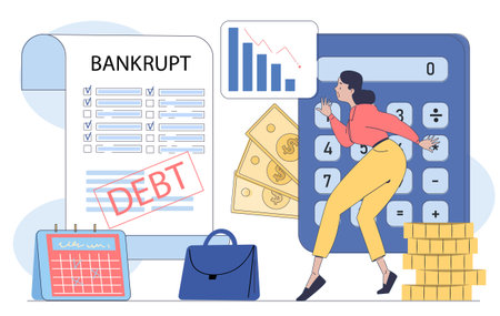 Woman facing bankruptcy and debt stress. Vector illustrationのイラスト素材