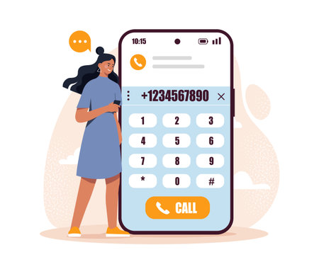 Woman dialing number on large smartphone. Vector illustrationのイラスト素材