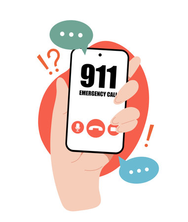 Hand holding phone dialing 911 emergency call. Vector illustrationのイラスト素材