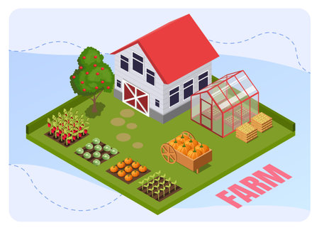 Isometric farm with house and crops. Vector illustrationのイラスト素材