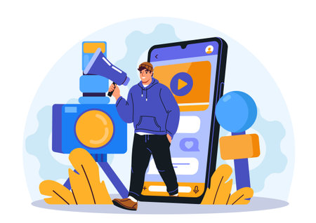 Influencer with smartphone and camera. Vector illustrationのイラスト素材