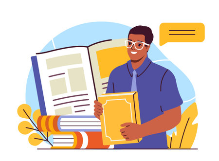 Smiling man holding book with glasses. Vector illustrationのイラスト素材