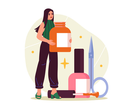 Woman with nail care tools and polish bottles. Vector illustrationのイラスト素材