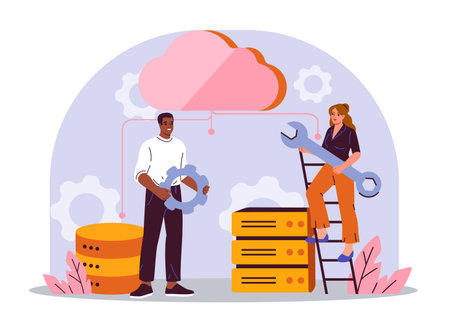 Cloud database teamwork concept in flat style. Vector illustrationのイラスト素材