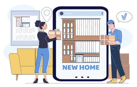 Couple moving into new home online search. Vector illustrationのイラスト素材