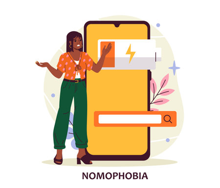 Woman anxious over phone battery low icon. Vector illustrationのイラスト素材
