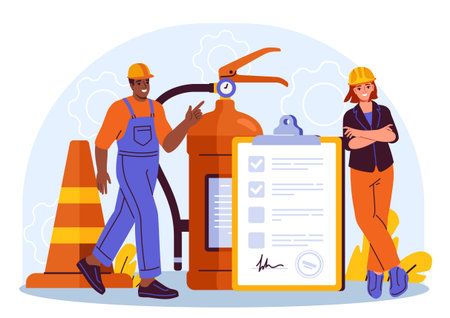 Fire safety inspection checklist scene. Vector illustrationのイラスト素材