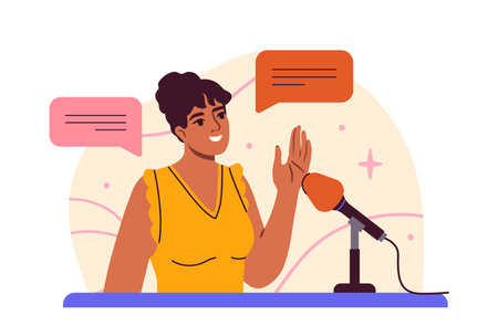 Woman speaking into microphone illustration. Vector illustrationのイラスト素材
