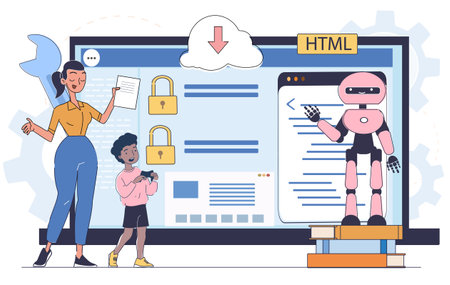 Woman teaching coding with robot assistant. Vector illustrationのイラスト素材