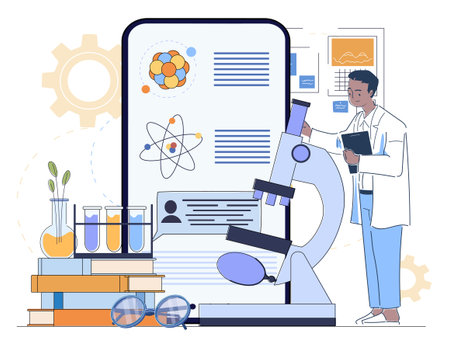 Scientist analyzing data in laboratory scene. Vector illustrationのイラスト素材