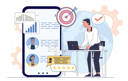 Businessman analyzing customer feedback data. Vector illustrationのイラスト素材