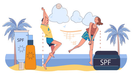 Beach volleyball with SPF protection products. Vector illustrationのイラスト素材