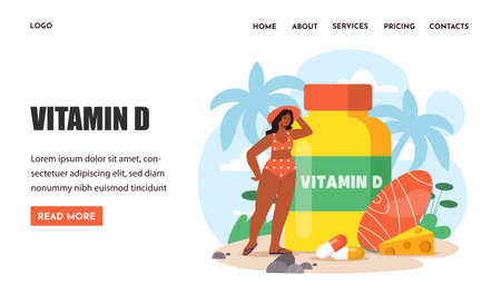 Vitamin D supplement concept on beach. Vector illustrationのイラスト素材