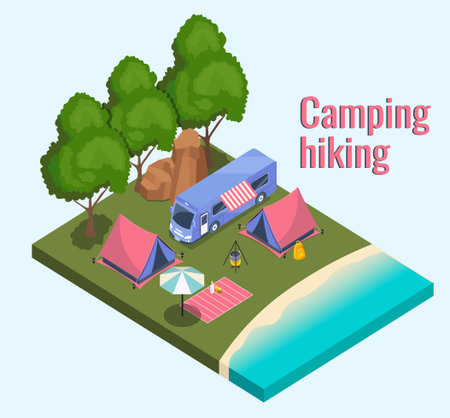 Camping and hiking beach scene. Vector illustrationのイラスト素材