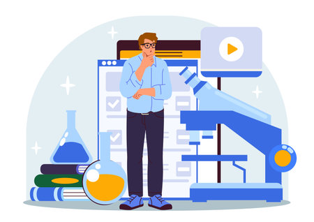 Scientist with microscope and books. Vector illustrationのイラスト素材
