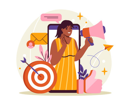 Woman promoting content online with megaphone. Vector illustrationのイラスト素材