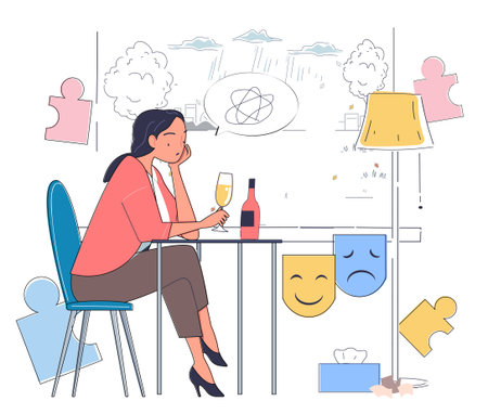 Woman feeling sad and drinking alone. Vector illustrationのイラスト素材