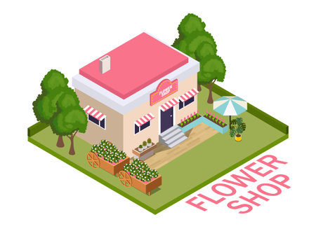 Isometric flower shop building scene. Vector illustrationのイラスト素材