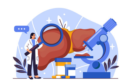 Liver analysis under microscope concept. Vector illustrationのイラスト素材