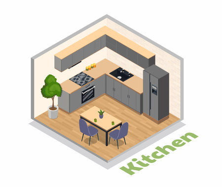 Modern isometric kitchen interior view. Vector illustrationのイラスト素材