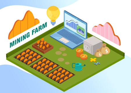 Digital coin mining farm concept scene. Vector illustrationのイラスト素材