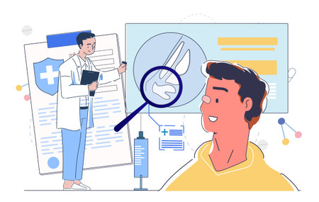 Doctor examining X-ray and patient chart. Vector illustrationのイラスト素材